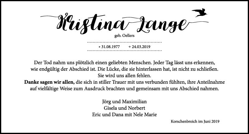 Traueranzeige für Kristina Lange vom 29.06.2019 aus Rheinische Post