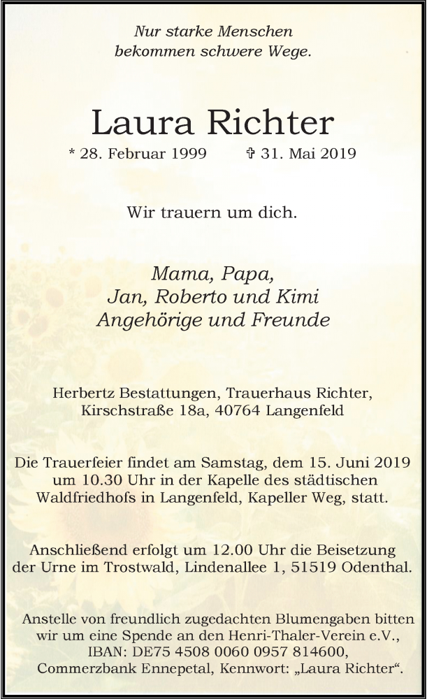  Traueranzeige für Laura Richter vom 08.06.2019 aus Rheinische Post