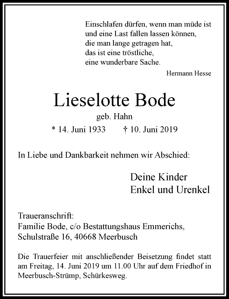  Traueranzeige für Lieselotte Bode vom 13.06.2019 aus Rheinische Post