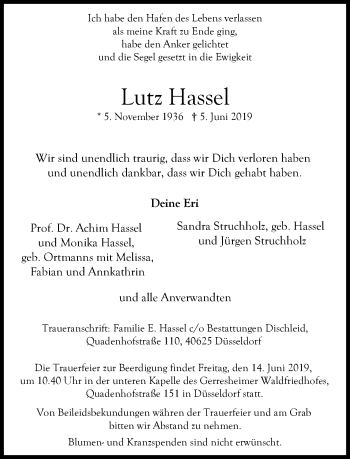 Traueranzeige von Lutz Hassel von Rheinische Post