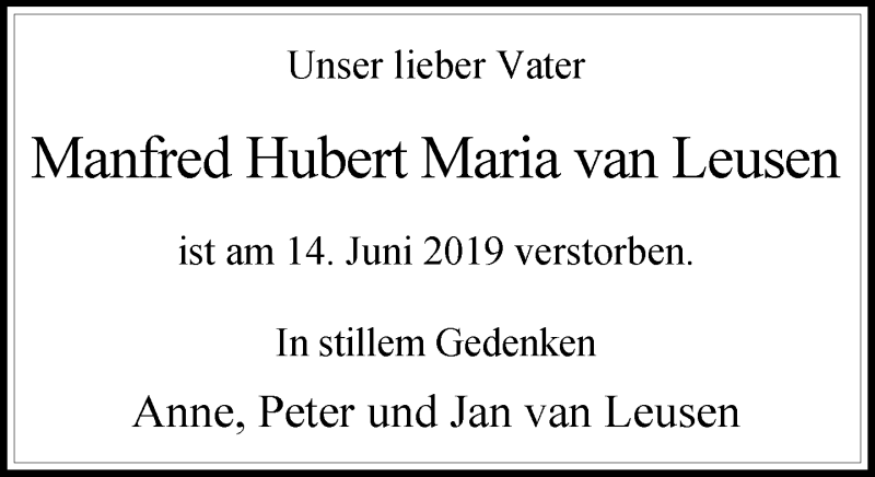  Traueranzeige für Manfred van Leusen vom 29.06.2019 aus Rheinische Post