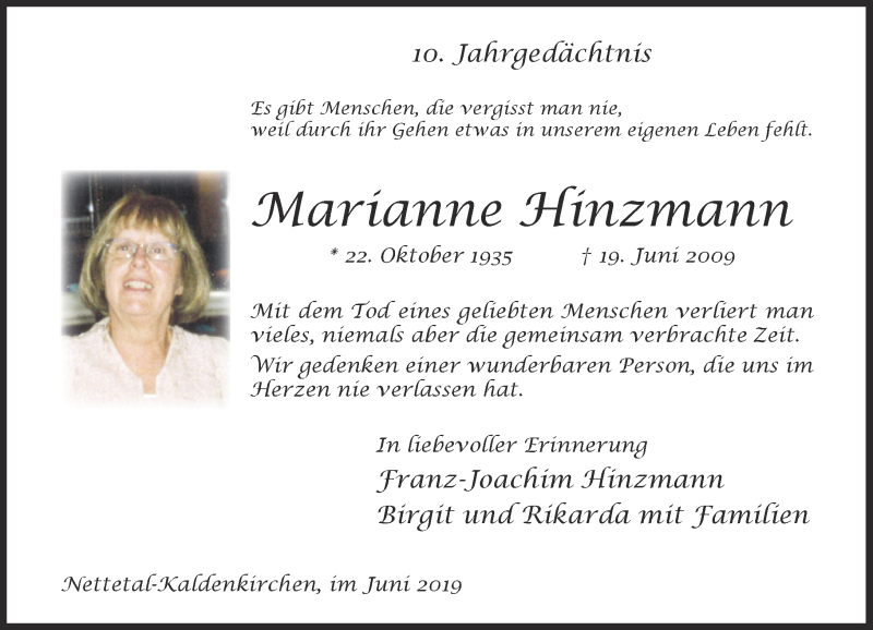  Traueranzeige für Marianne Hinzmann vom 19.06.2019 aus Rheinische Post