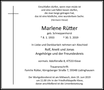 Traueranzeige von Marlene Rütter von Rheinische Post