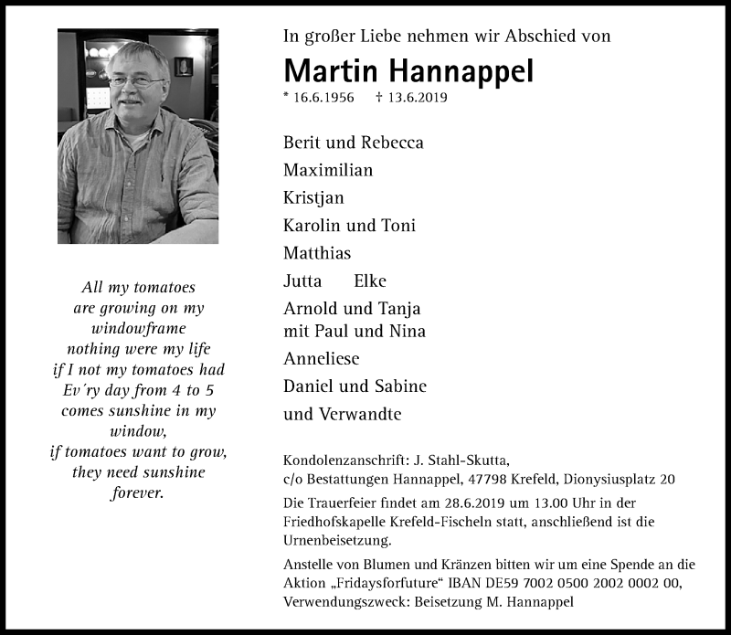  Traueranzeige für Martin Hannappel vom 22.06.2019 aus Rheinische Post