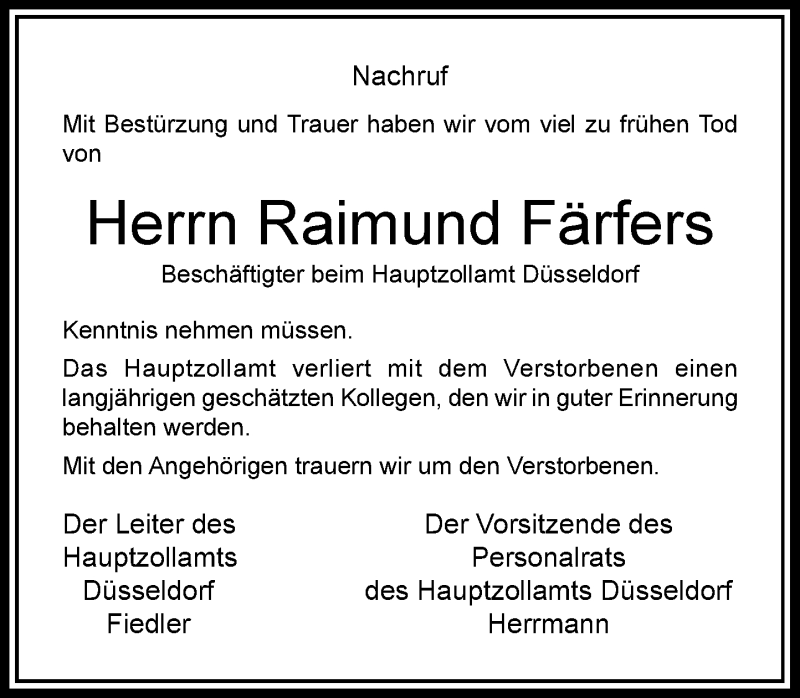  Traueranzeige für Raimund Färfers vom 22.06.2019 aus Rheinische Post