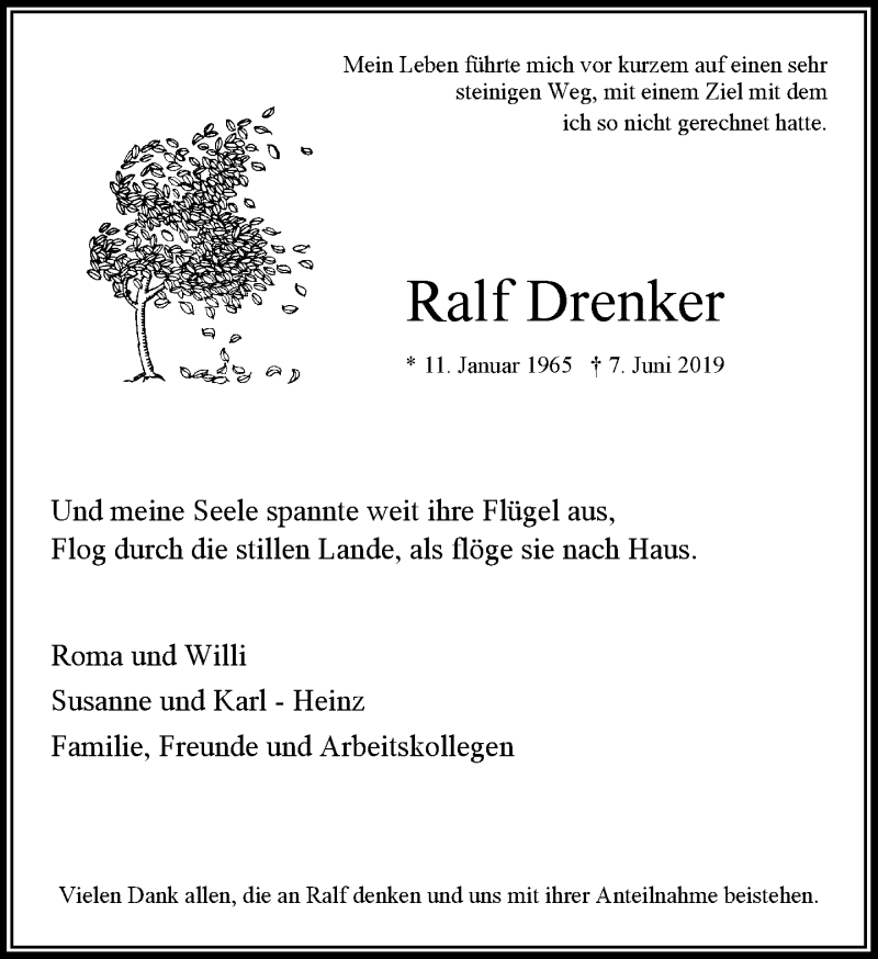  Traueranzeige für Ralf Drenker vom 15.06.2019 aus Rheinische Post