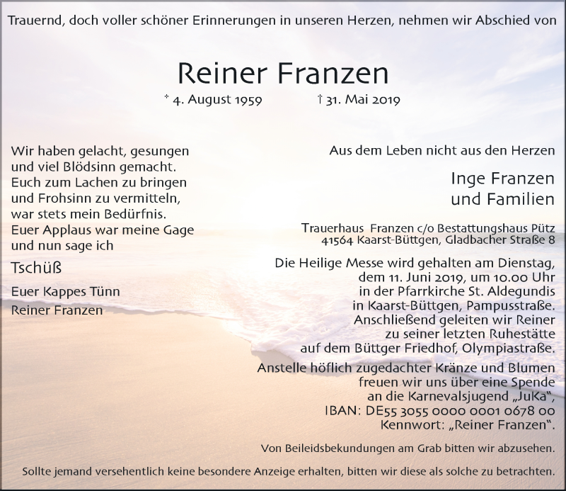  Traueranzeige für Reiner Franzen vom 05.06.2019 aus Rheinische Post