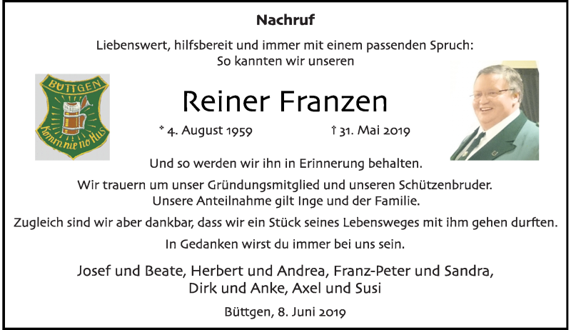  Traueranzeige für Reiner Franzen vom 08.06.2019 aus Rheinische Post