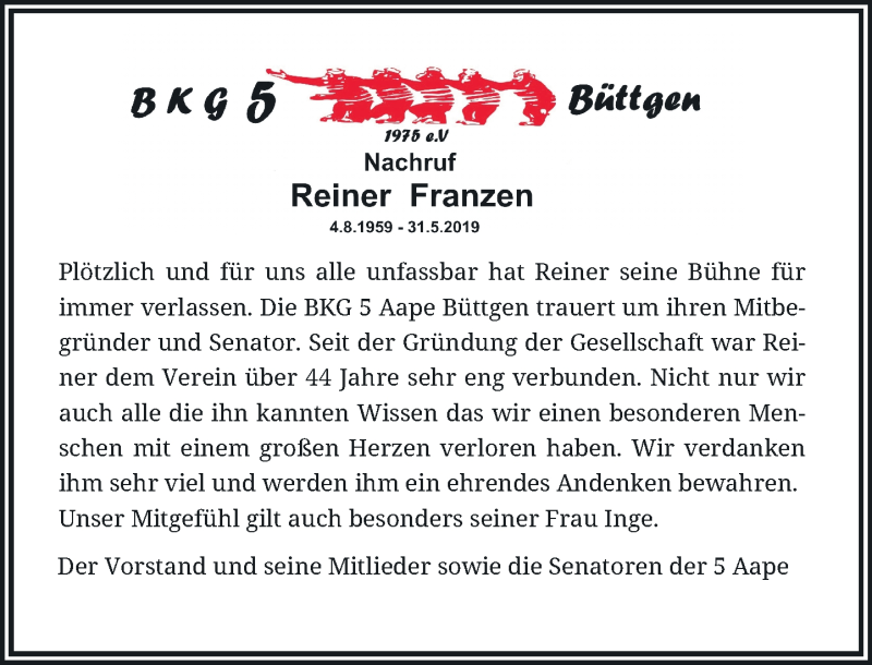  Traueranzeige für Reiner Franzen vom 08.06.2019 aus Rheinische Post