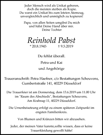 Traueranzeige von Reinhold Pabst von Rheinische Post