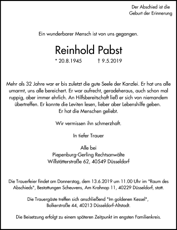 Traueranzeige von Reinhold Pabst von Rheinische Post