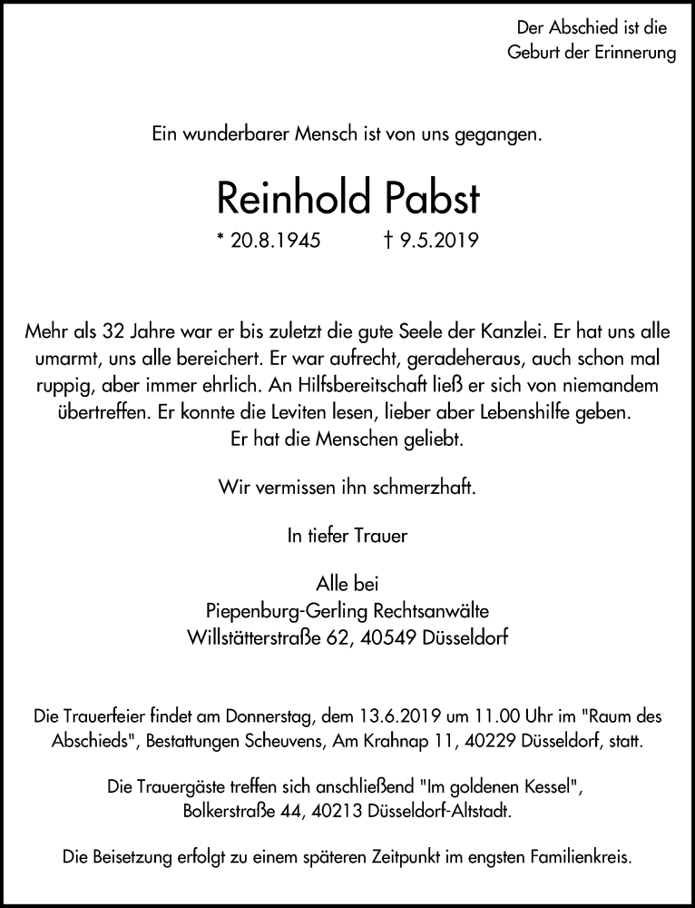  Traueranzeige für Reinhold Pabst vom 08.06.2019 aus Rheinische Post