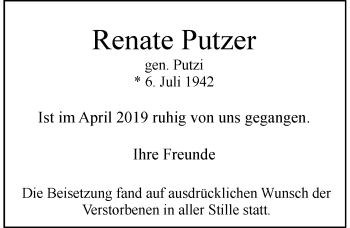 Traueranzeige von Renate Putzer von Rheinische Post