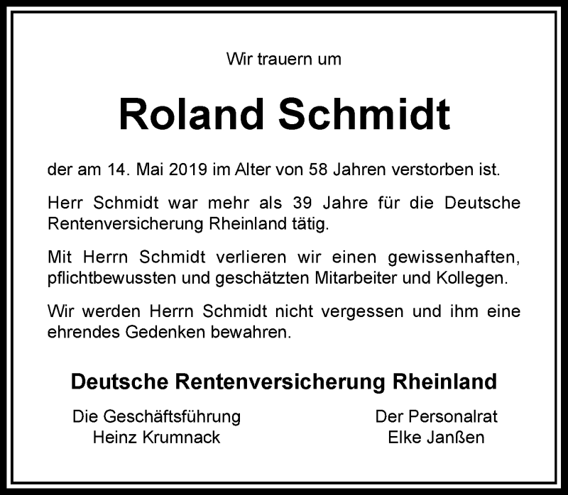  Traueranzeige für Roland Schmidt vom 08.06.2019 aus Rheinische Post