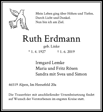 Traueranzeige von Ruth Erdmann von Rheinische Post