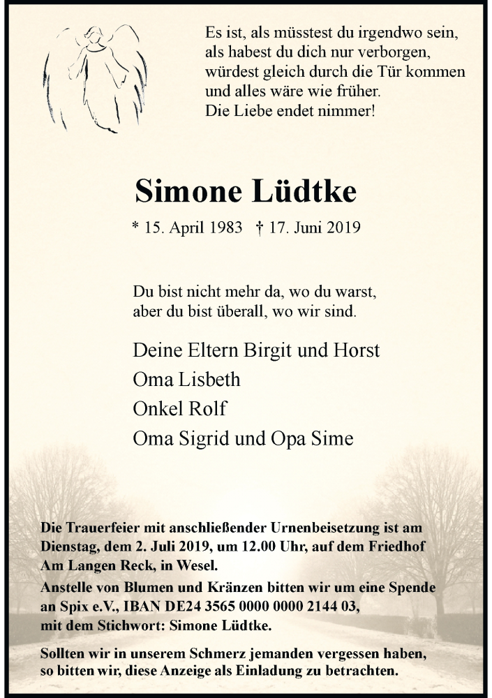  Traueranzeige für Simone Lüdtke vom 27.06.2019 aus Rheinische Post