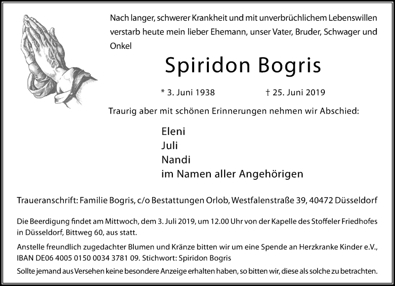  Traueranzeige für Spiridon Bogris vom 29.06.2019 aus Rheinische Post