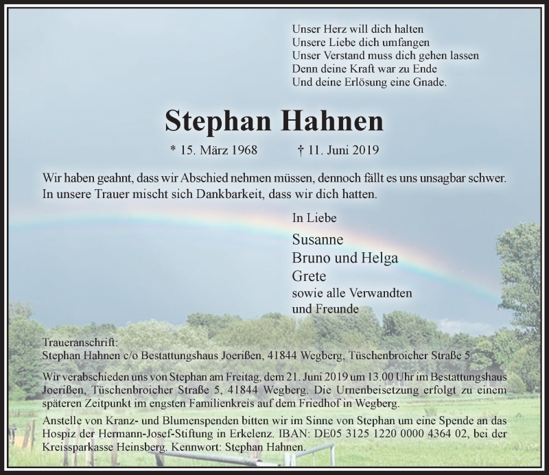  Traueranzeige für Stephan Hahnen vom 15.06.2019 aus Rheinische Post