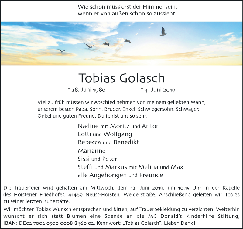  Traueranzeige für Tobias Golasch vom 08.06.2019 aus Rheinische Post
