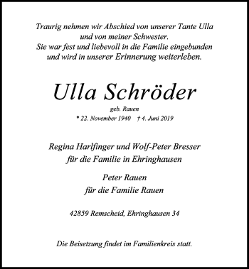 Traueranzeige von Ulla Schröder von Rheinische Post