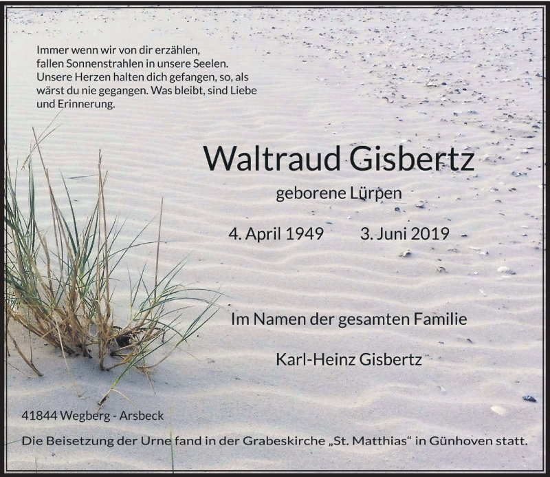  Traueranzeige für Waltraud Gisbert vom 15.06.2019 aus Rheinische Post