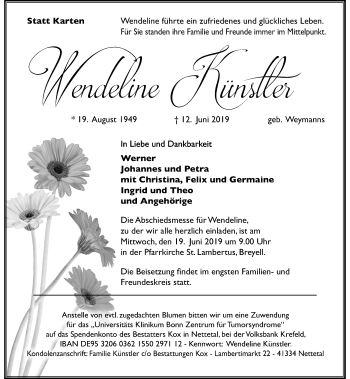 Traueranzeige von Wendeline Künstler von Rheinische Post