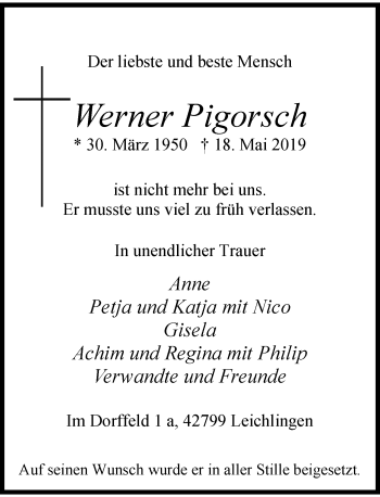 Traueranzeige von Werner Pigorsch von Rheinische Post