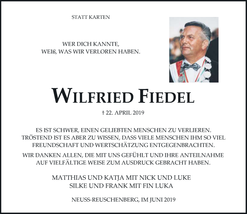  Traueranzeige für Wilfried Fiedel vom 15.06.2019 aus Rheinische Post
