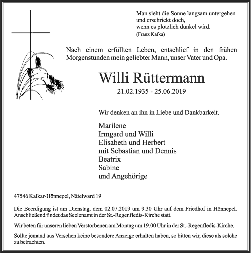  Traueranzeige für Willi Rüttermann vom 28.06.2019 aus Rheinische Post