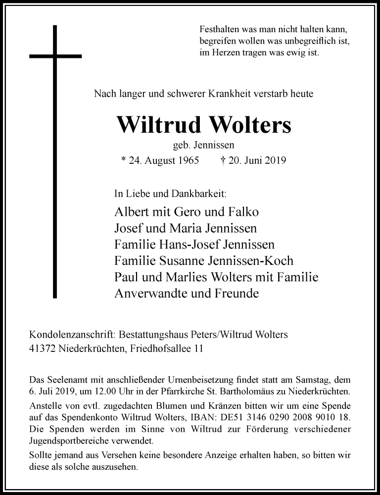  Traueranzeige für Wiltrud Wolters vom 29.06.2019 aus Rheinische Post