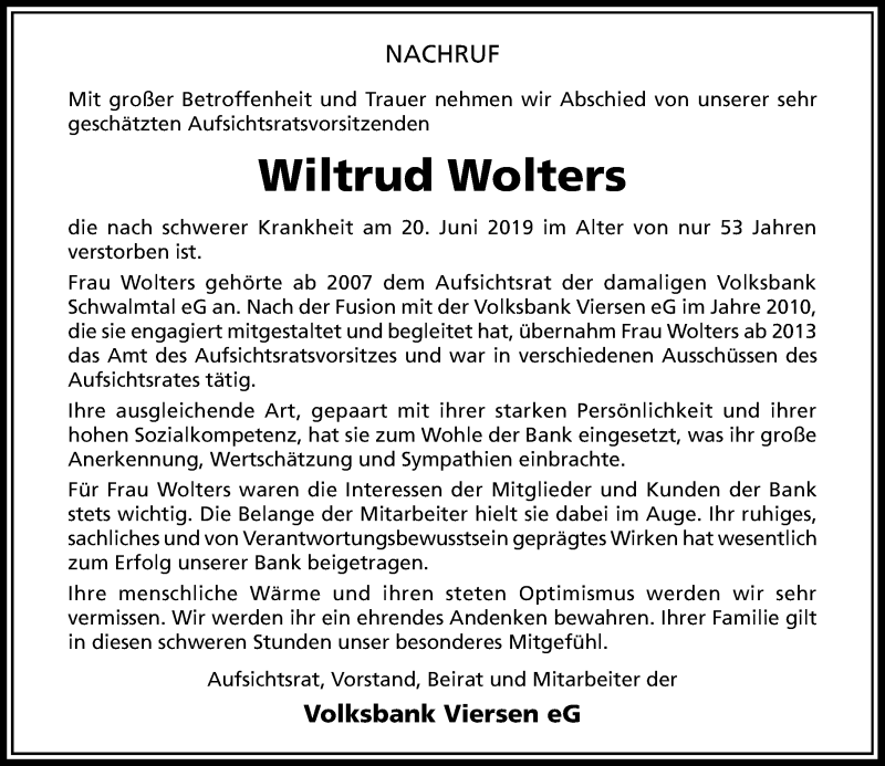  Traueranzeige für Wiltrud Wolters vom 29.06.2019 aus Rheinische Post