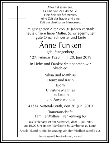 Traueranzeige von Änne Funken von Rheinische Post