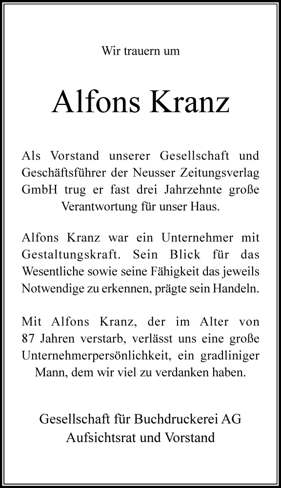 Traueranzeige für Alfons Kranz vom 09.07.2019 aus Rheinische Post