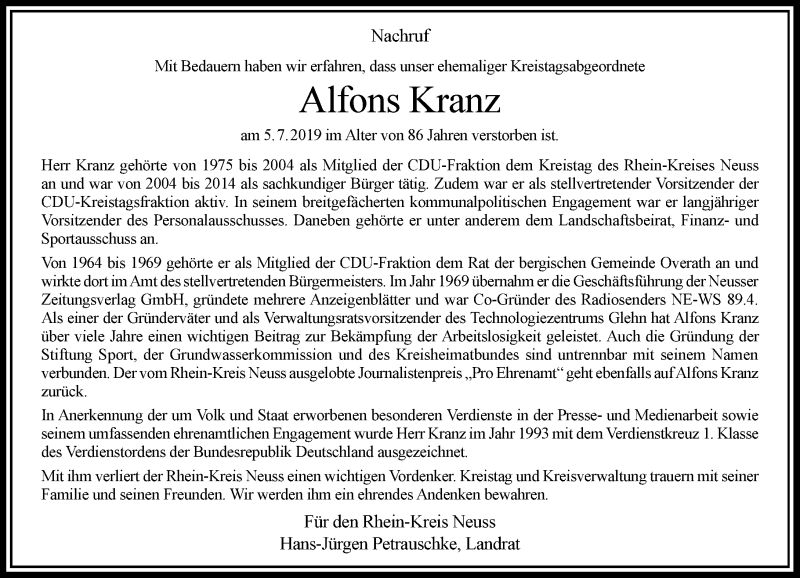  Traueranzeige für Alfons Kranz vom 09.07.2019 aus Rheinische Post