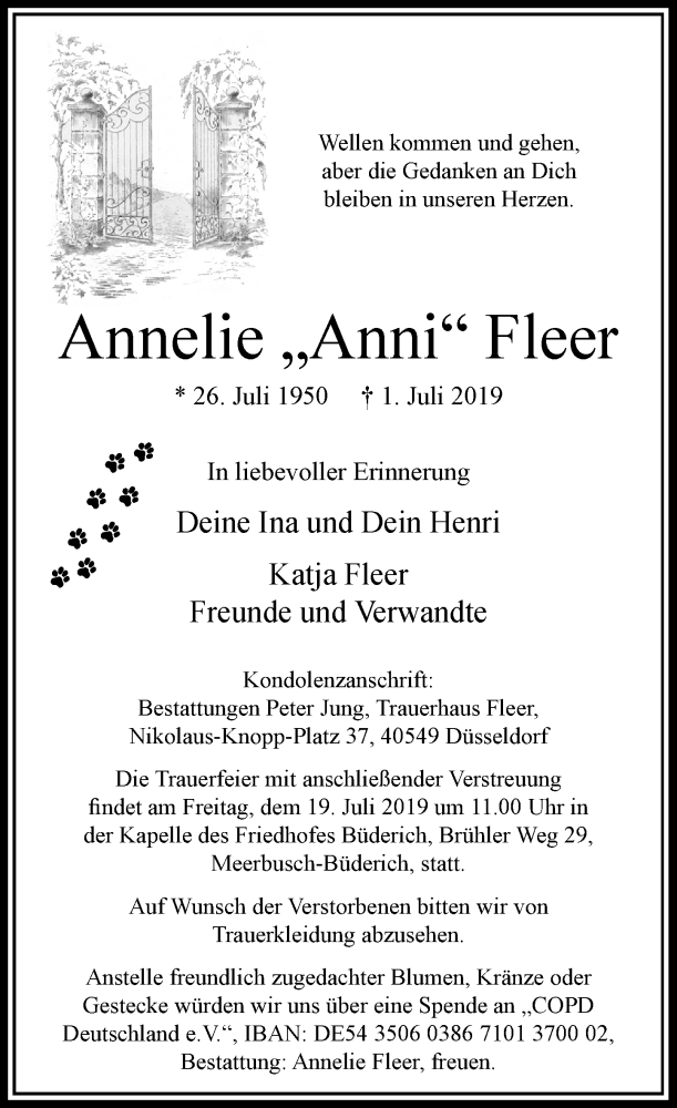  Traueranzeige für Annelie Fleer vom 13.07.2019 aus Rheinische Post