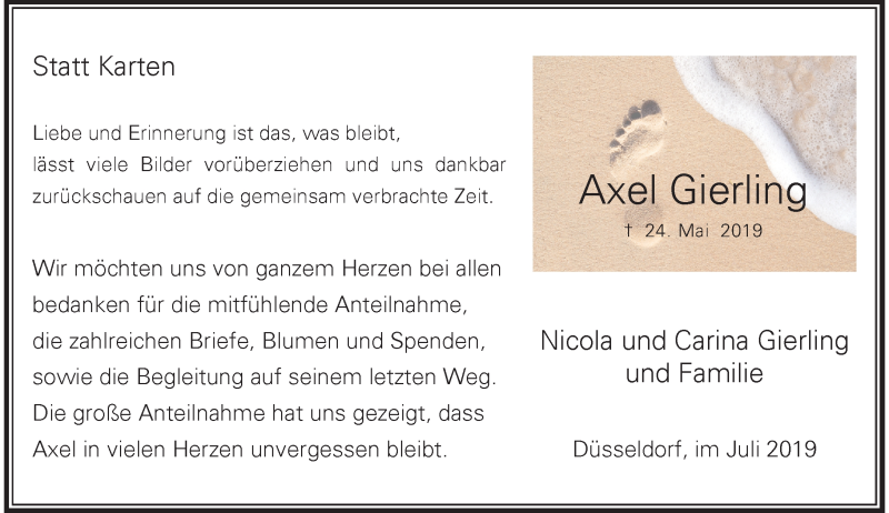  Traueranzeige für Axel Gierling vom 06.07.2019 aus Rheinische Post