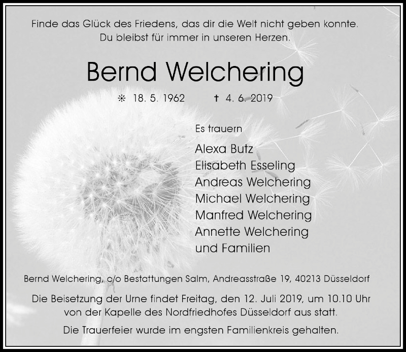  Traueranzeige für Bernd Welchering vom 06.07.2019 aus Rheinische Post