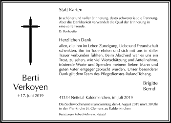 Traueranzeige von Berti Verkoyen von Rheinische Post