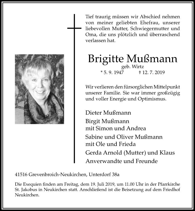  Traueranzeige für Brigitte Mußmann vom 17.07.2019 aus Rheinische Post
