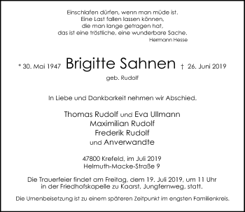Traueranzeige von Brigitte Sahnen von Rheinische Post