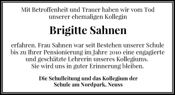 Traueranzeige von Brigitte Sahnen von Rheinische Post