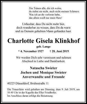 Traueranzeige von Charlotte Gisela Klinkhof von Rheinische Post