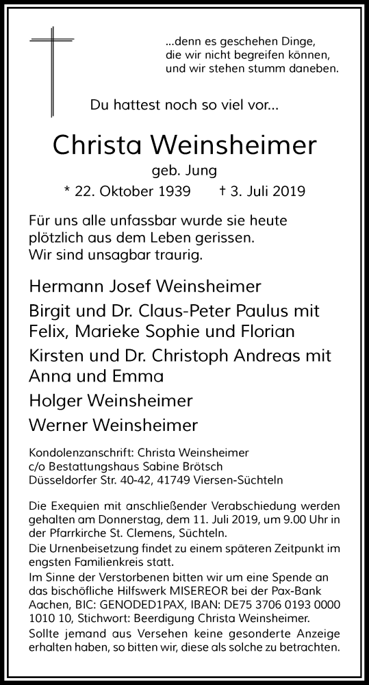  Traueranzeige für Christa Weinsheimer vom 06.07.2019 aus Rheinische Post