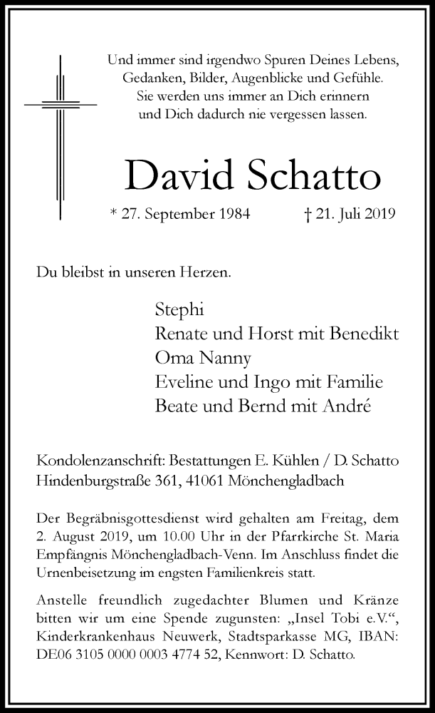  Traueranzeige für David Schatto vom 27.07.2019 aus Rheinische Post