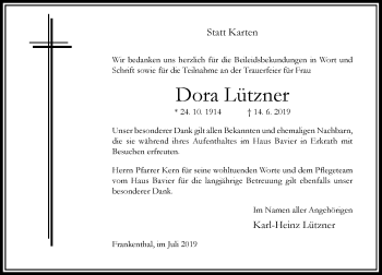 Traueranzeige von Dora Lützner von Rheinische Post