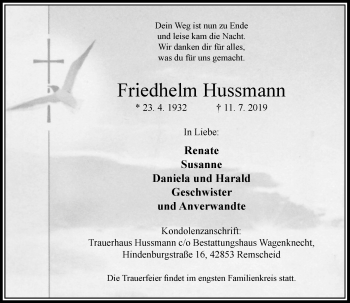Traueranzeige von Friedhelm Hussmann von Rheinische Post