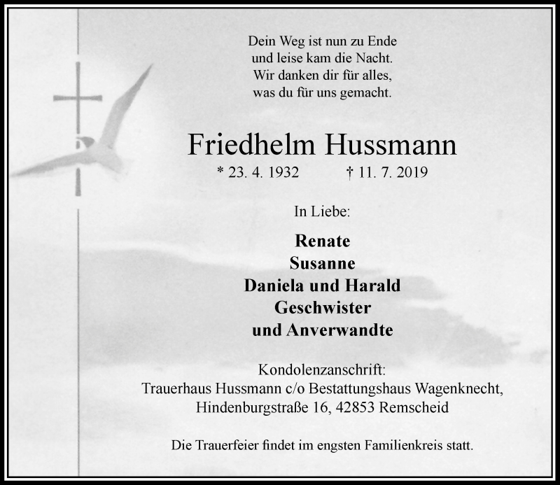  Traueranzeige für Friedhelm Hussmann vom 17.07.2019 aus Rheinische Post