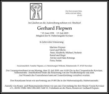 Traueranzeige von Gerhard Flepsen von Rheinische Post