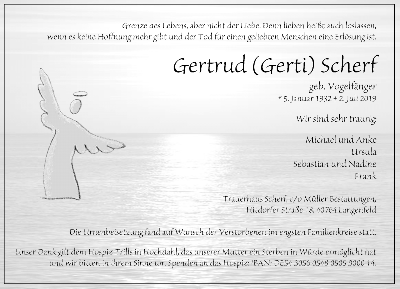  Traueranzeige für Gertrud Scherf vom 20.07.2019 aus Rheinische Post