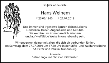 Traueranzeige von Hans Weinem von Rheinische Post